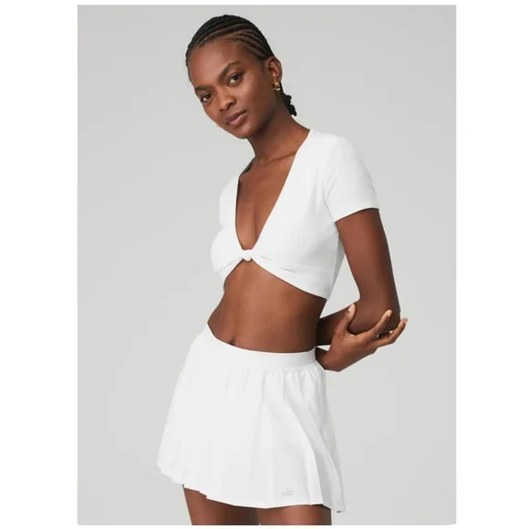 Alo Ribbed Knotty Short Sleeve Top | White | S - Picture 4 of 5